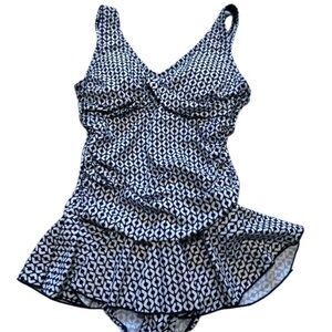 VTG Alisha Levine Swimsuit Size 10 Navy Blue Geometric Pin Up Ruffles Swim Dress